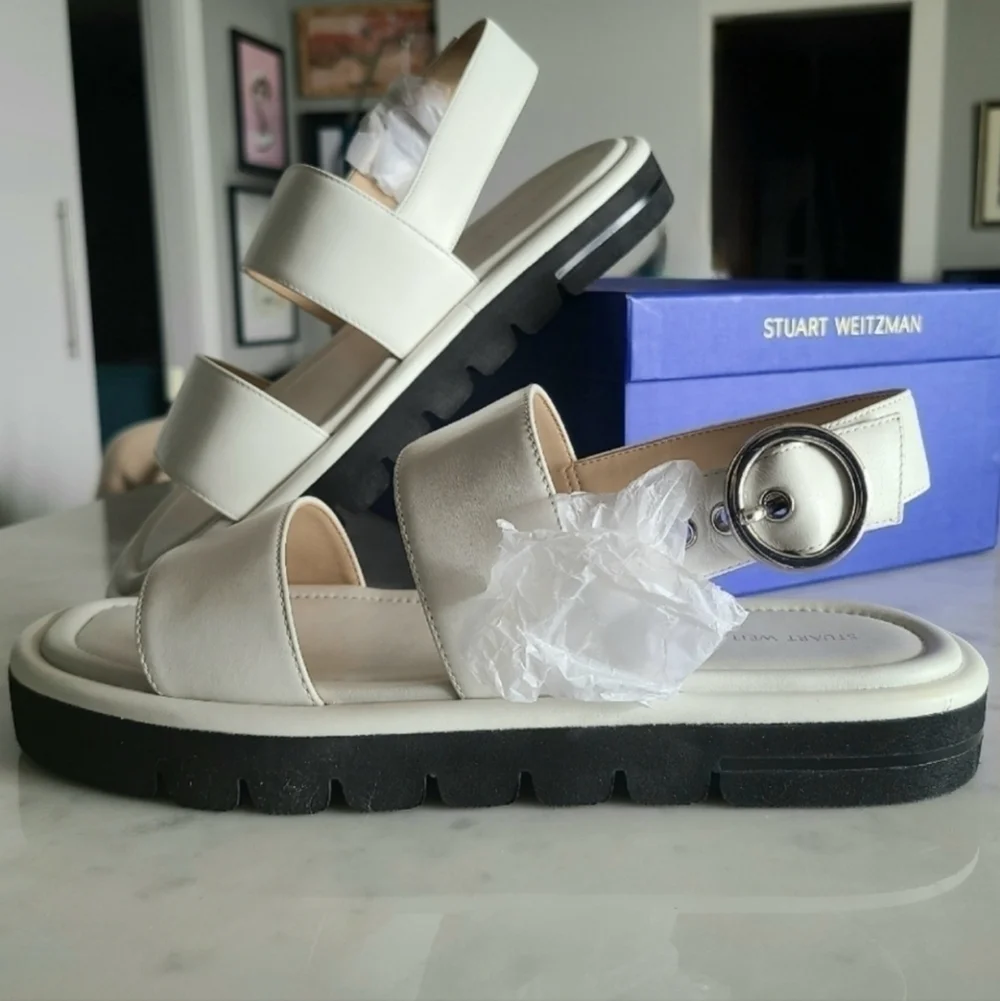 Stuart Weitzman Elodie Leather Sandals, Size 8, White, NIB